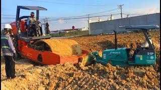 Construction Roller Truck Stuck Recovery By Dozer & Excavator