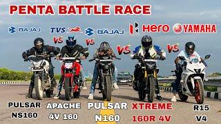 R15 v4 vs pulsar n160 vs pulsar ns160 vs apache 160 4v vs xtreme 160r 4v [ penta battle race ]