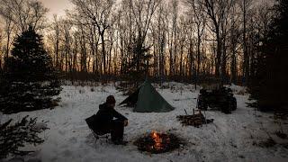 ATV Winter Hot Tent Camping - Cooking Beef Broccoli Ramen Over Fire - Wild Camping