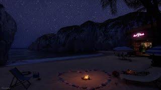 Serene Night Beach Ambience | Wave, Crackling Fire Sounds For Sleeping