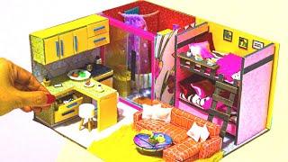 DIY Miniature Cardboard box dollhouse #5 with bunk bed bedroom, living room, toilet, kitchen etc