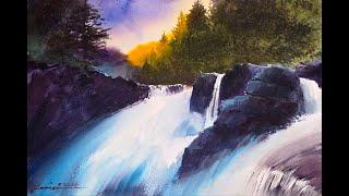 Watercolor painting tutorial : waterfall at Dawn