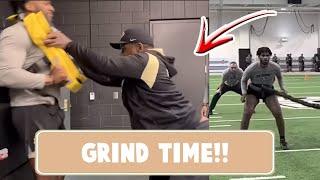 DEION SANDERS COACHES GETTING INVOLVED IN D-LINE & LINEBACKER WORKOUT - SHEDEUR SANDERS SPEED DRILL