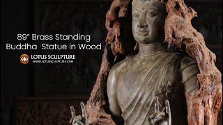 89" Large Brass Standing Buddha in Wood Sculpture, www.lotussculpture.com