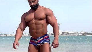 Egyptian IFBB Pro bodybuilder Ahmed Shams - Beach muscle posing