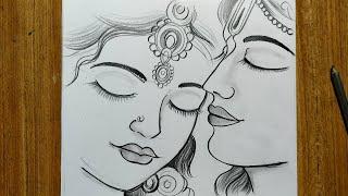 how to draw lord radha and krishna easy pencil sketch drawing,how to draw lord krishna & radha,