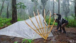 CAMPING BUSHCRAFT HEAVY RAIN WITH TRANSPARENT TARP AND PLASTIC WRAP - RAIN SOUND FOR RELAXATION