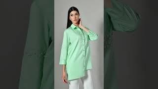 Elegant Mint Green Shirt with Pearl Embellishments – Subtle Glamour, Effortless Style