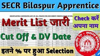 SECR Bilaspur Apprentice Merit List 2022, Railway Apprentice Merit List 2022, SECR Bilaspur DV Date