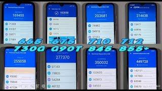 Antutu speed test Snapdragon 665 vs 675 710 712 730G 845 855 Plus vs Helio G90T benchmarks