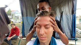 $.60 STREET BARBER HAIRCUT, HEAD MASSAGE & Straight RAZOR SHAVE by "Aji"  Bandung Indonesia ASMR