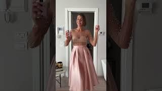 Full Pearl Embellished Sheer Mesh Top &  Sleek Side Pockets Pleated A-Line Midi Skirt