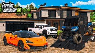 BUILDING FIRST LUXURY MANSION IN FS25! (LIFTED TRUCKS + SUPERCARS)