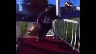 Fat guy falls through railing