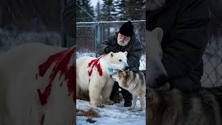 Smart dog calls for kind old man to rescue injured polar bear trapped by barbed wire fence