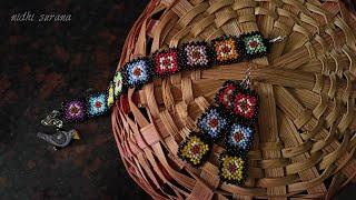 Granny Square Multicolored Seed bead Jewelry set/Easy step-by-step tutorial/Pulsera/Aretes diy