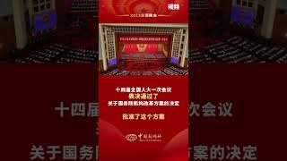 十四届全国人大一次会议表决通过了关于国务院机构改革方案的决定，批准了这个方案。
