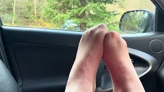 Tan Pantyhose Feet. Tights & Toes in The Car - Transvestite on Tour (Transvestite/Crossdresser)