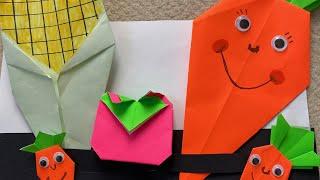 Origami garden, origami carrot, corn and tomato making/origami vegetable tutorial