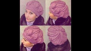 Нежная шапка-берет крючком рельефными столбиками узор листочки crochet cap