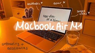  macbook air m1 (gold) unboxing | sunset vibes + essential accessories