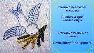 Птица с веточкой мимозы: вышивка для начинающих. Embroidery for beginners