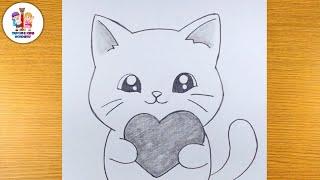 Cute cat holding big love pencil drawing | animals drawing | how to draw​⁠@Taposhikidsacademy