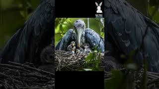 Shoebill shielding chicks from rain. #shoebill #birds #animals #epic #tales #ai #aiart #cuteanimals