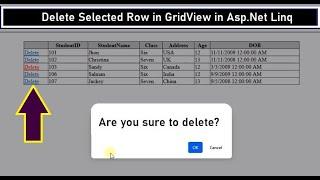 Asp.Net Tutorial | Delete Selected Row in GridView Asp.net C# with SQL Linq