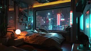 Rain on Windows. Cyberpunk Apartment. Sci-Fi Ambiance for Sleep, Study, Relaxation