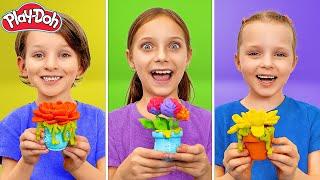 Three Kids and Five Colors Play-Doh Flower Challenge!