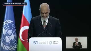 Albanian prime minister Edi Rama delivers speech at COP29