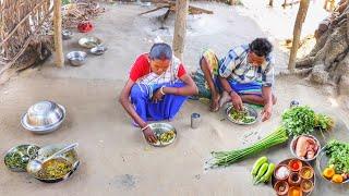 METHI CHICKEN CURRY and ONION LEAVES FRY cooking & eating by santali tribe old couple