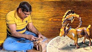 How This Guy Sculpting Markhor Sculpt Out Scrap Wood || How Animals Wooden Sculpture Are Made