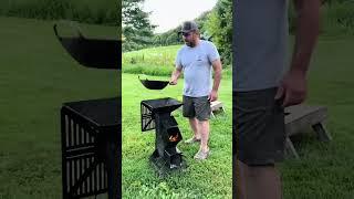 A rocket stove is a super efficient outdoor stove that burns small sticks and wood scraps --