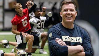 Saints Head Coach Kellen Moore on Saints QB Battle & Trevor Penning to Guard | James Skrmetta Reacts