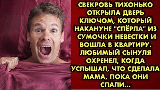 Свекровь тихонько открыла дверь ключом, который накануне _спёрла_ из сумочки невестки и вошла в…