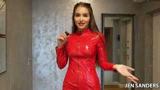 Zipper Front Long Sleeve Shiny Red PVC Short Catsuit with Heeled Sandals