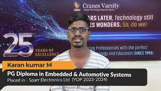 Testimonial by Karan Placed in Sparr Electronics Limited PG Diploma in Embedded & Automotive Systems