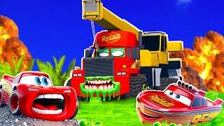 Lightning McQueen BOAT and Tow Mater VS MACK Crane Truck Zombie, Apocalypse in BeamNG.drive