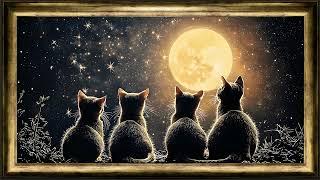 CELESTIAL moon cats Halloween screensaver, vintage gold frame TV art