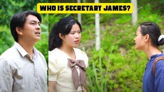 Who is Jame's secretary? Does Jame know she is the sister of his enemy Jonh?