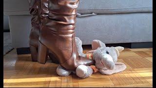 Boots crush stuffed toy - ASMR crushing and trampling in brown boots- teddy bear