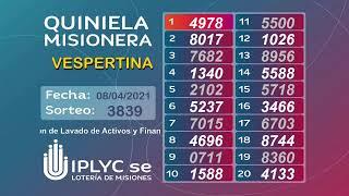 Sorteo 3839 Quiniela Vespertina, 8 de Abril de 2021.