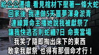 給公公遷墳 看見棺材下壓著一條大蛇，回家後 我連做5天噩夢渾身淤青，連線算命主播她說我被獻祭了，讓我快逃否則蛇纏7日 命喪當場，我笑了隨即掏出床下的東西，敢拿我獻祭 也得有那個命才行！#小說#爽文