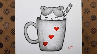 Pencil Drawing Easy Ideas, Cute Cat and Mug Drawing