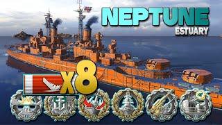 Cruiser Neptune on map Estuary, 8 ships destroyed - World of Warships