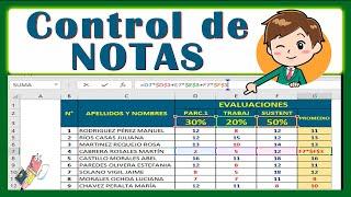 Control de notas escolares con porcentajes y promedios en Excel