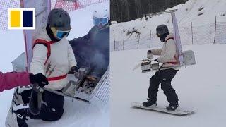 Snowboarder wearing grill sells meat skewers on Chinese mountain, ends up banned