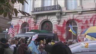 Protests outside Russian consulate in Manhattan over missile strikes in Ukraine